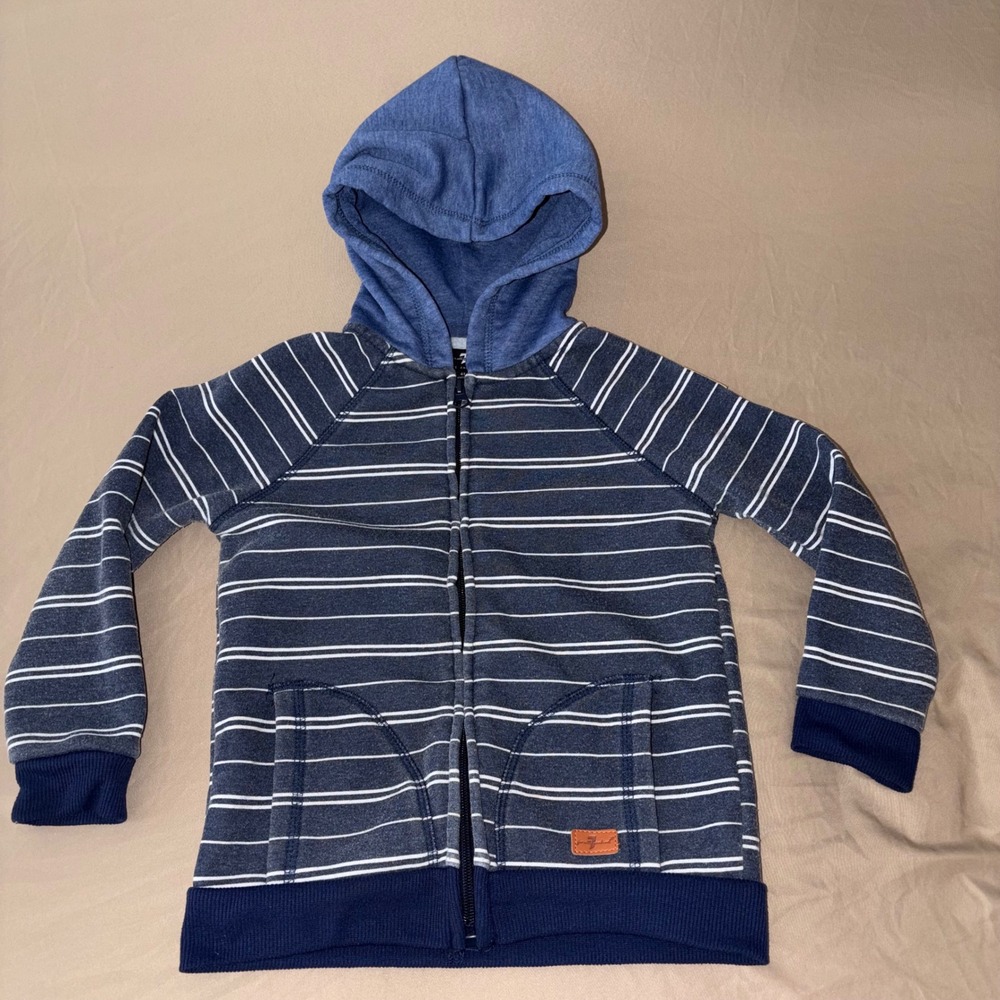 7 For All Mankind Kids Navy Striped Zip Up Hoodie Blue 4T Raglan Sleeve Jacket